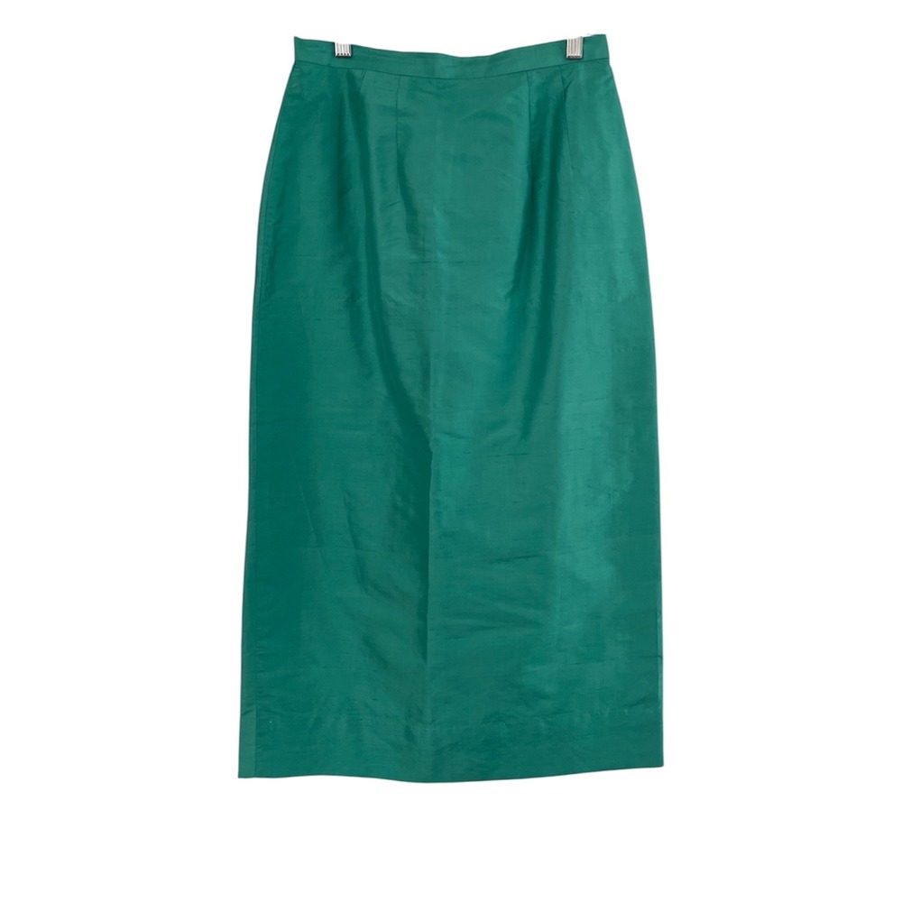 Jim Thompson Vintage Emerald Green 100% Thai Silk Pencil Midi Skirt Size 10 - Picture 2 of 9